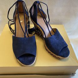 Cabi blue suede espadrilles style wedge sandals tribal boho ankle strap ties size 8.5