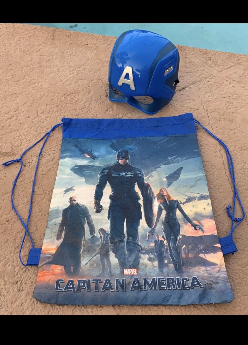 Like new Avengers Captain America helmet/mask and drawstring backpack