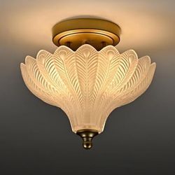 2-Light Gold Semi Flush Mount Ceiling Light  9.84"W Frosted Peacock Feather Glass Shade