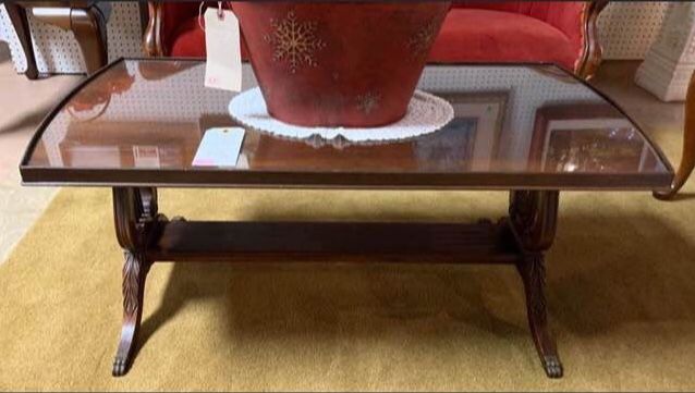 Antique Mahogany Coffee Table w Unique Handcarved Details - Glass Top & Claw Feet
