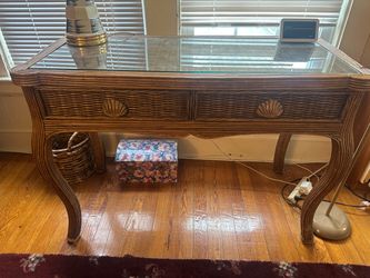 Wicker Rattan Desk with Glass Top