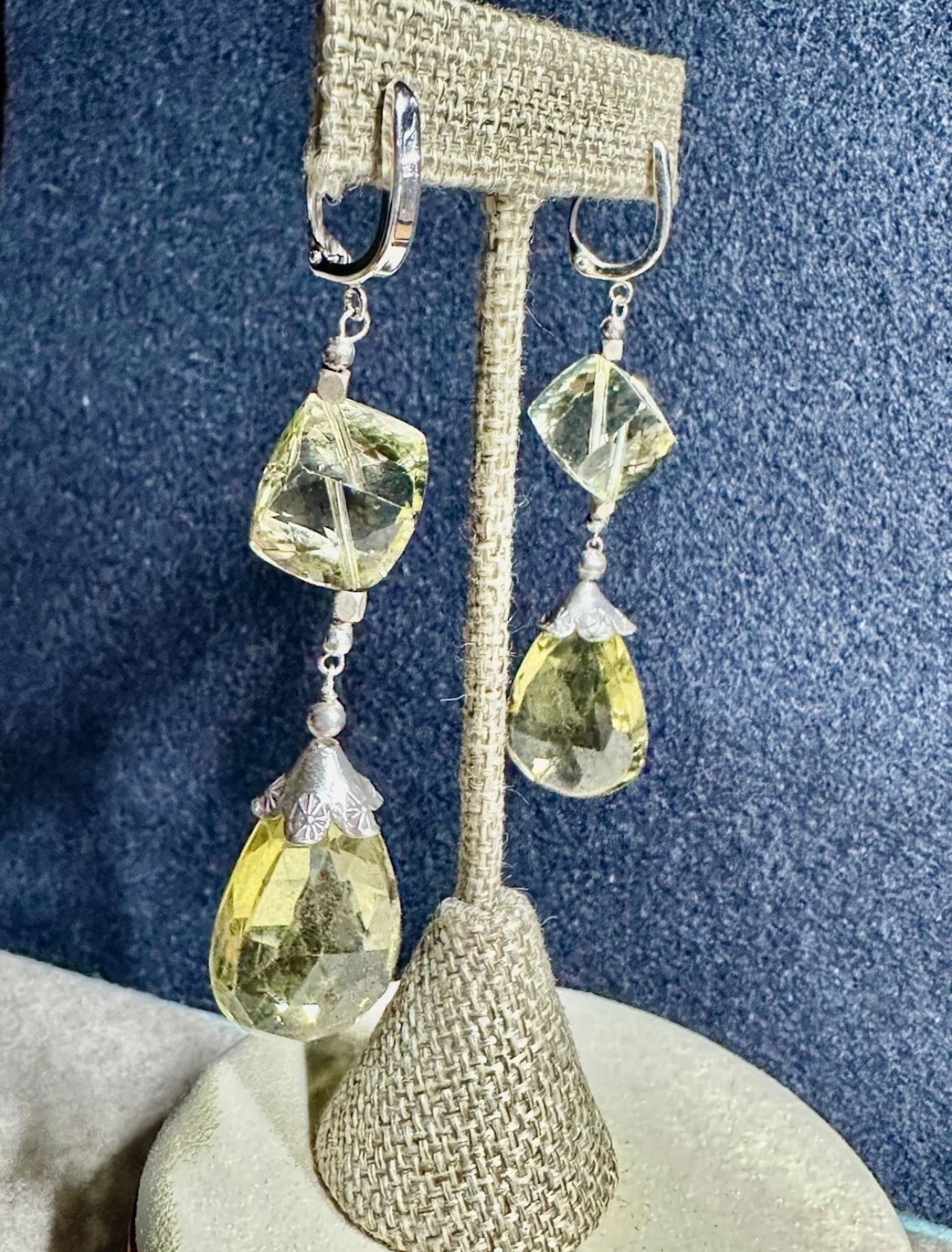 FREE SHIPPING! 14K W Gold/Silver w/Faceted Lemon Quartz Lever back Dangle 3” Earrings Lot#336