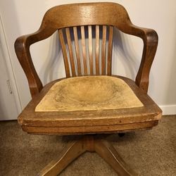 1920s Tiger Oak Office Banker's Arm Chair - Swivels / Rolls / Rocks-  Springs Adjust / Quarter Sawn Oak and Steel