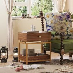 ✨2x End Table with Drawer and Open Shelf for Living Room and Bedroom (White /Brown) $80