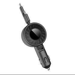 Universal 3 in 1 Ports iPhone & Android Dual Car Charger With Retractable Cables (Black)
