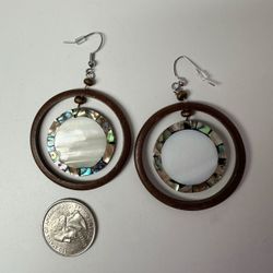 Mosaic Abalone, Mother of Pearl and Wooden Dangle Earrings