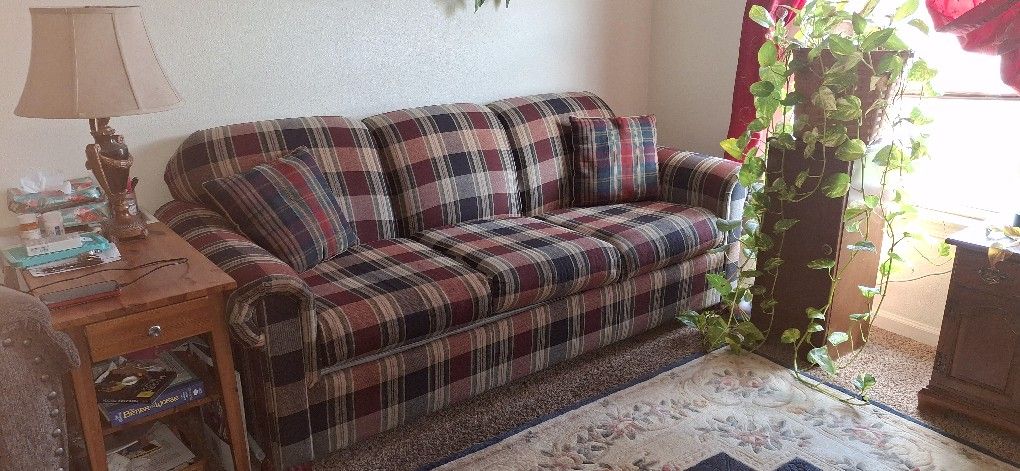 Plaid Tan, Red and Navy Sofa/Couch
