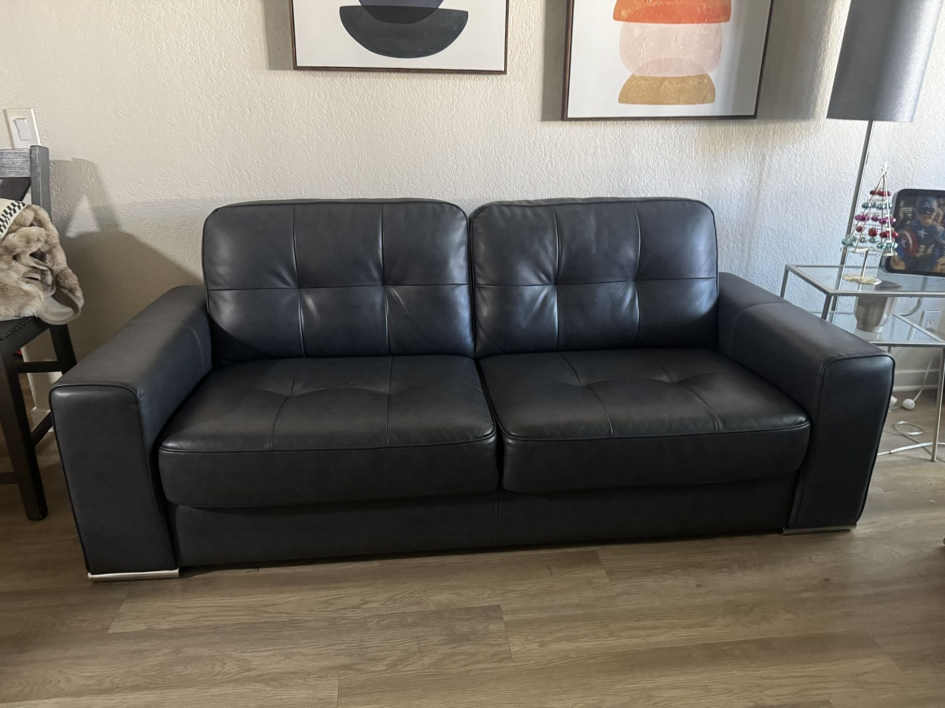 Blue Gray Leather Couch and Armchair