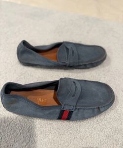 Gucci Men’s Blue Suede Slip-On Loafers US 11 Rubber Sole Round Toe Logo