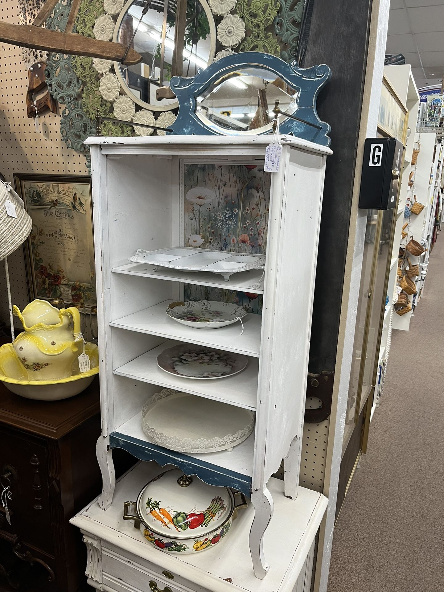 Small White Blue Shelf w/ Mirror