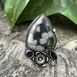 Size 6.5 925 Silver Overlay Snowflake Obsidian 