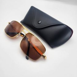  Brown Polarized Men Classic Rectangular Fancy Luxury Metal Sunglasses Gold Plated