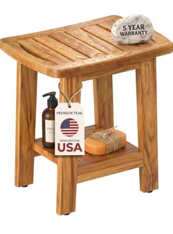 NEW Teak Wood Shower Bench with Storage Shelf – Waterproof Bathroom Stool