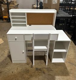 Kids Desk and Chair Set, Childrens Computer Desk with Bulletin Board, Kids Study Table with Chair, Drawers and Cabinets, White