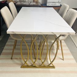 White & Golden Dining Table with 4 Light Beige Chairs NEW / Juego de Comedor Nuevo 