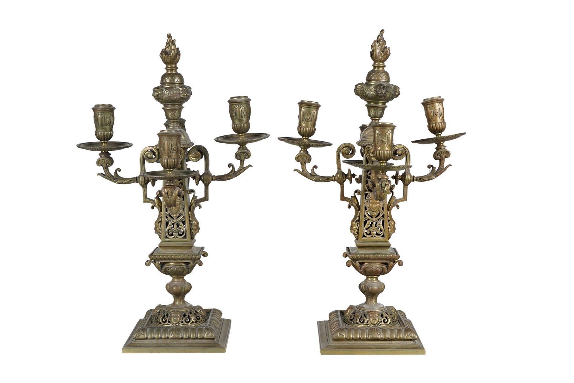 Pair of French Renaissance Revival Brass Candelabra