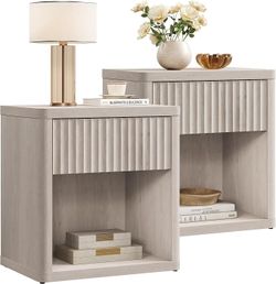 Sicotas Set of 2 Nightstands with Drawer Storage Fluted Bed Side Table End Table Large Modern Wide Bedside Stand Mid Century Night Stands for Bedroom 