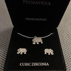 Primavera Silver Plated Cubic Zirconia Elephant Set Pendant(chain length 18in) & Earring(length 9m) In Light Up Box