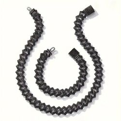 2 Pcs Fully Iced Rhodium Plated Black Cubic Zirconia Maimi Cuban Link Necklace And Bracelet Set 