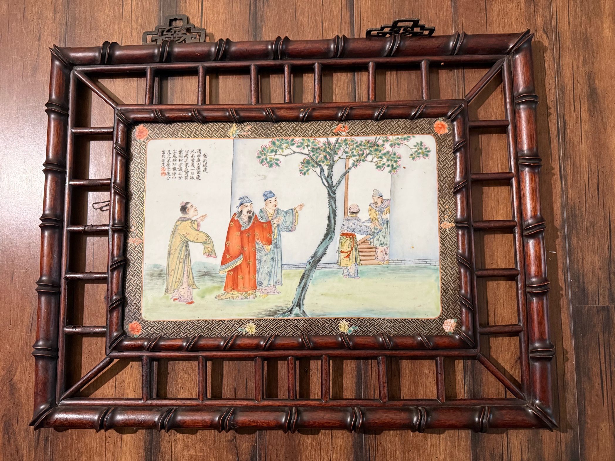 A Framed Antique Chinese Porcelain Plaque Displaying A Story of Redbud Tree Re-blossom