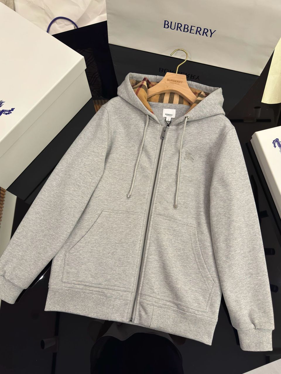 Authentic Burberry Zip Hoodie – Small – Light Grey