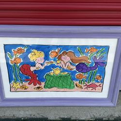 Sally Huss Mermaid's Tea Party Hand Painted Framed Print Painting Signed 26 x 16
