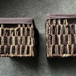 TWO BROWN WICKER STORAGE BINS W/HANDLES FULLY LINED
