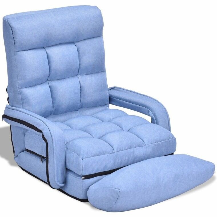 Folding Lazy Floor Chair Sofa With Armrests And Pillow-Blue