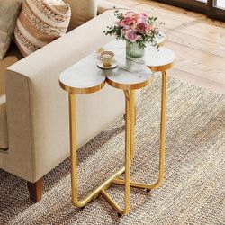 Half-Flower End Table, Faux Marble Side Table With Gold Frame