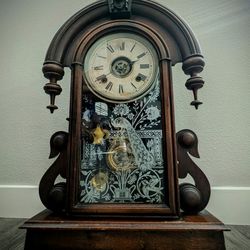 June 18,1882 Antique Ansonia Clock Company, New York. Parisian tear drop parlor style. Mahogany or Walnut wood?  Beautiful gong chime, plus alarm 