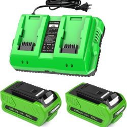 Amityke 2-Pack 40V 4.0Ah Lithium Battery Replacement for Greenworks 40V Battery and Charger Kit (Dual-Port Charger with USB Port)