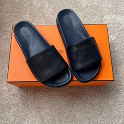 Hermes Blue Leather Biarritz Slide Sandals