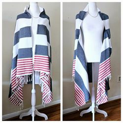 36"X65" Cotton Red White & Blue Striped American Flag Themed Rectangular Fringed Shawl Scarf or Lightweight Beach Towel. No tags. Pre-owned in excelle