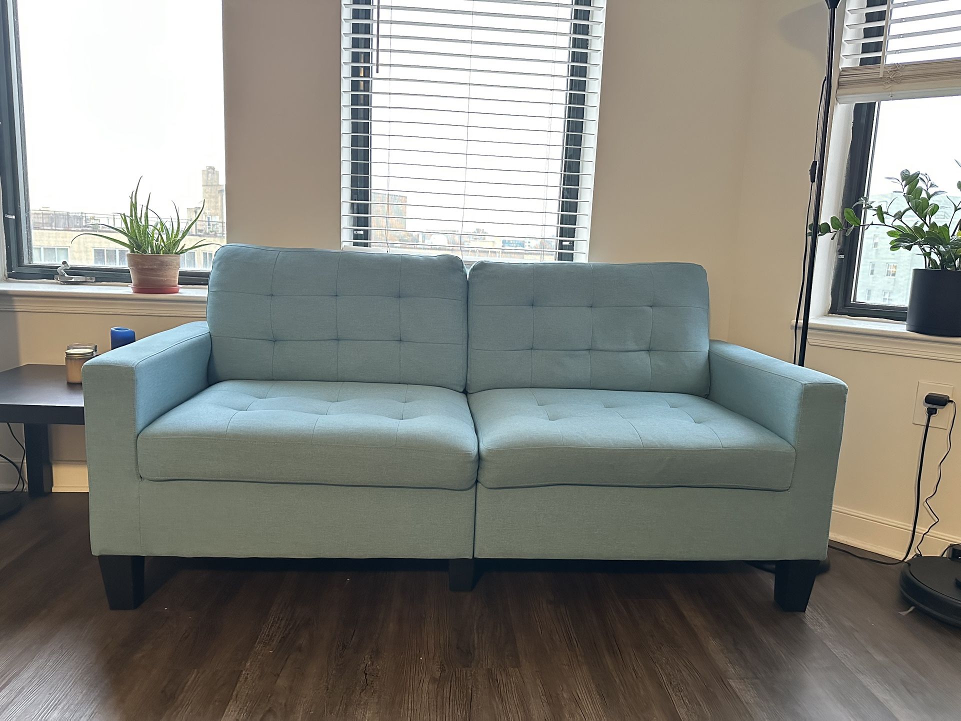 Mid-century blue sofa – easy to disassemble & move