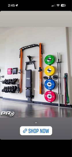 Complete PRx Folding Garage Gym Setup (Rack, Bench, Weight Storage)