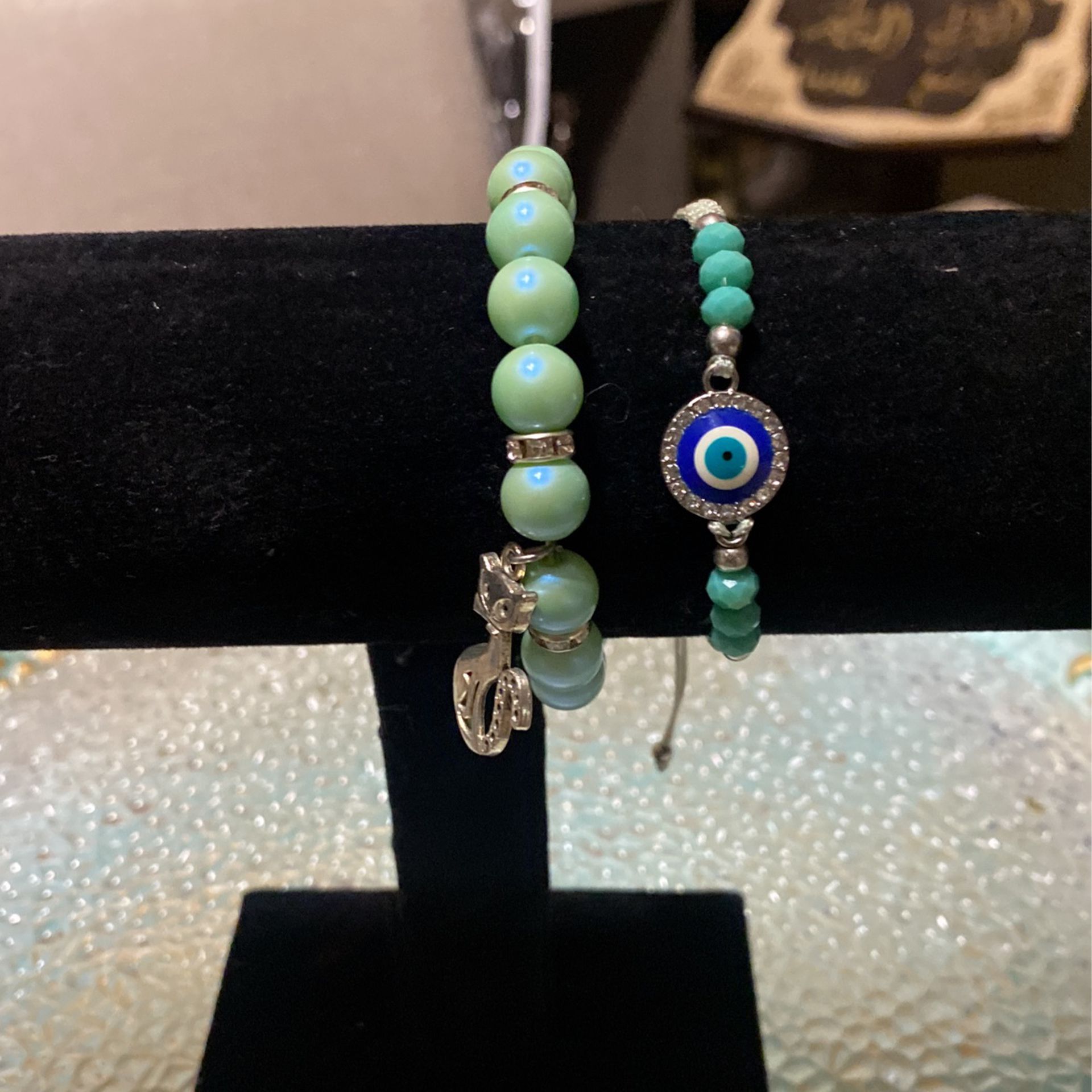 2 Sliver Light Green/Turquoise Bracelets