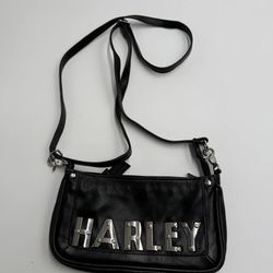 Harley Davidson Leather Shoulder Bag Small Purse Metal Logo Black