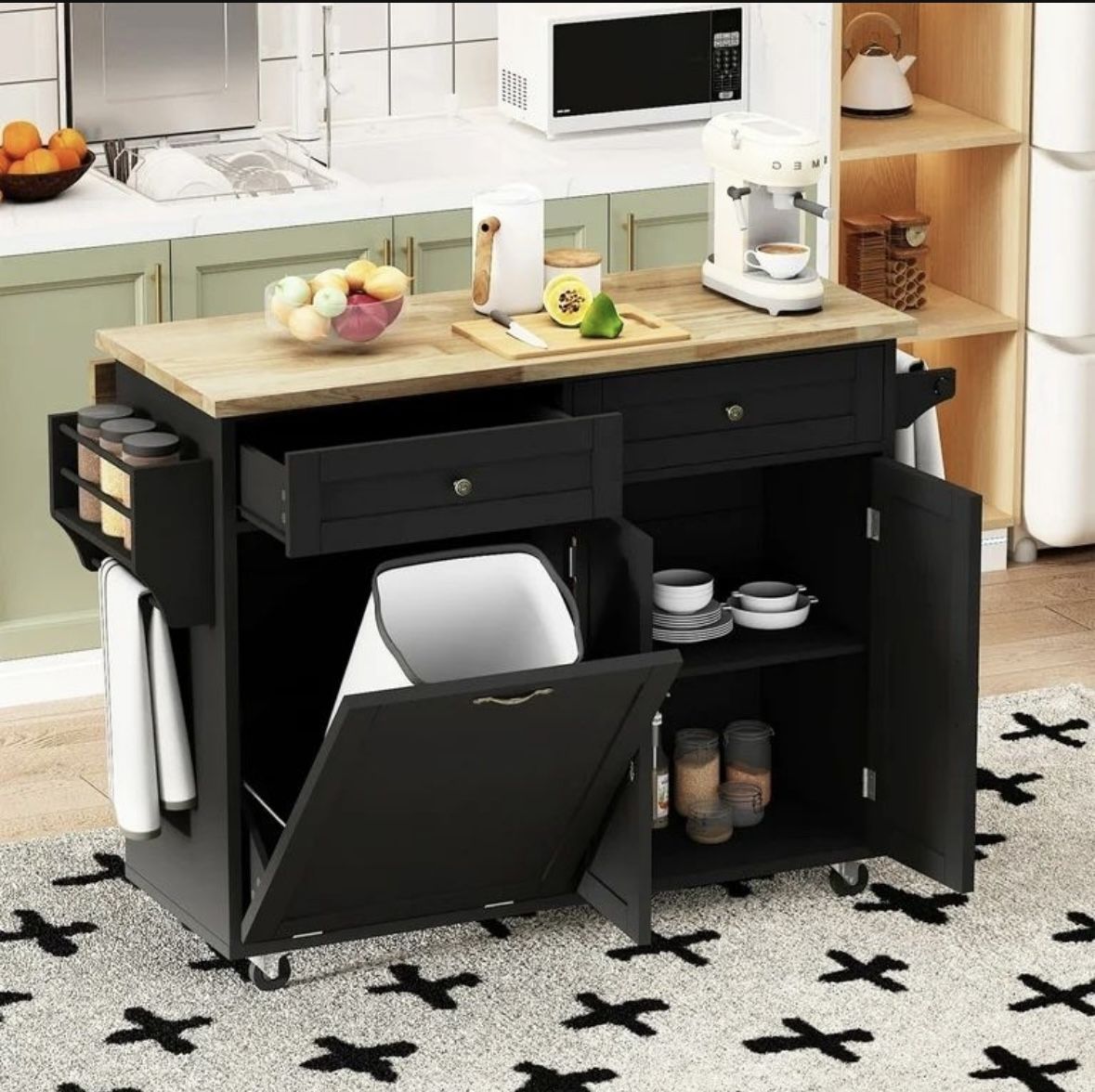 ANPOO Rolling Kitchen Island with Drop Leaf, Tilt Out Kitchen Trash Cabinet 10 Gallon Storage, Kitchen Cart Island with Rubber wood Top, Spice Rack an