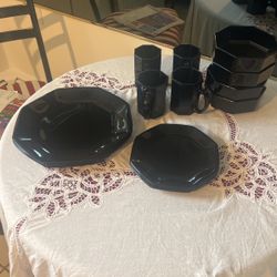 Set of Black Dining Plates, Cups, Bowls 