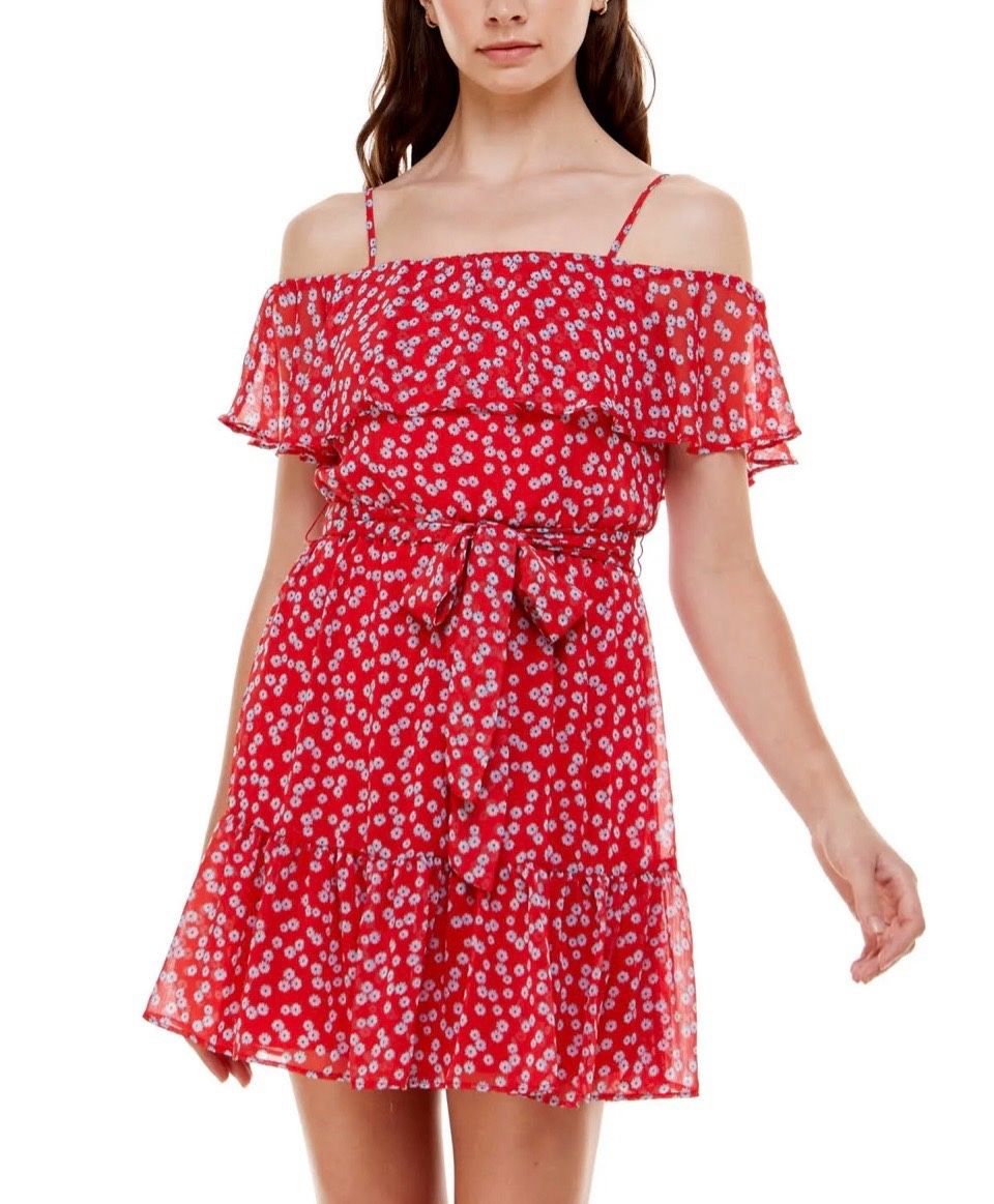 NWT Size 13 B. Smart Red White Floral Cold Shoulder Mini Ruffle Dress  Spring Summer Memorial Day Graduation Labor Day 4th Of July  Sun Dress