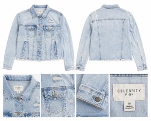 Celebrity Pink Women’s Medium Light Wash Distressed Denim Jacket Frayed Hem