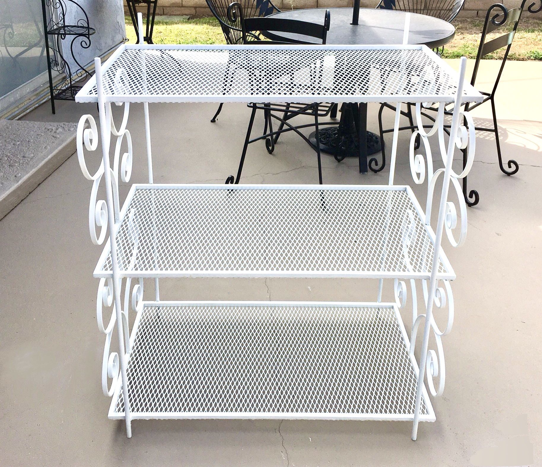 Lg 3ft h x 35” w Indoor/Outdoor White 3 Tier Iron Shelving unit w/scrollwork design on sides