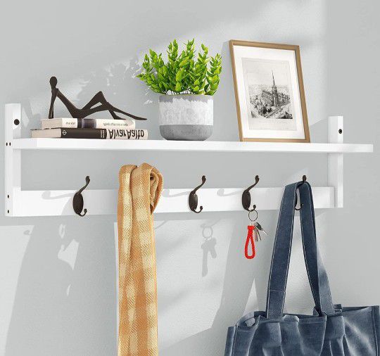 Wall Hooks with Shelf | Entryway Hanging Wood Coat Hooks | Wall-Mounted Rack with 5 Dual Hooks