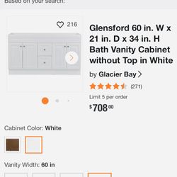 Glensford 60 in. W x 21 in. D x 34 in. H Bath Vanity Cabinet without Top in White by Glacier Bay