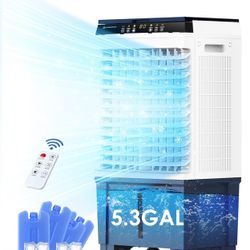 Evaporative Air Cooler With 5.3 Gal Water Tank, 110° Swing,  3 In 1 Swamp Cooler with 3 Speeds, Remote Control