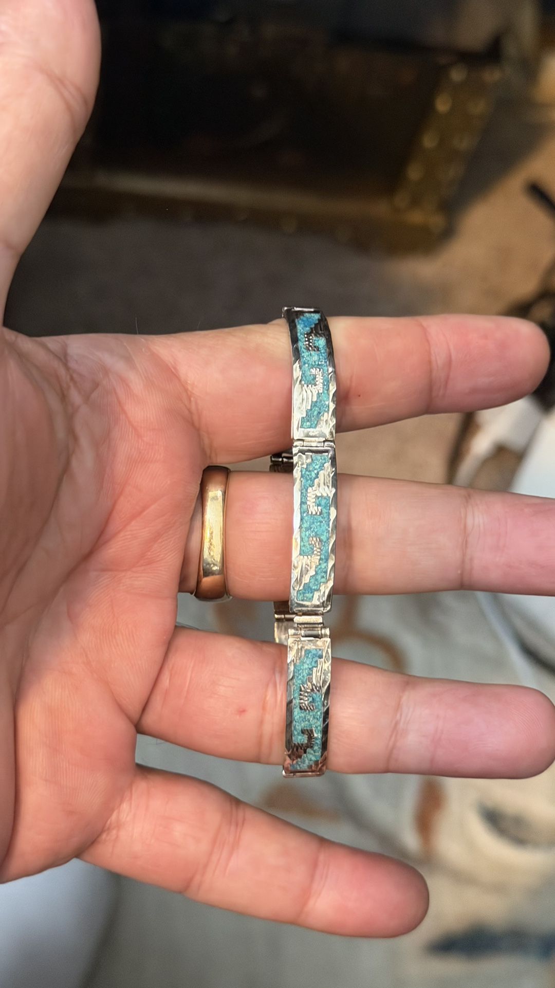 Vintage South West Sterling Silver Bracelet With Turquoise Inlay And Wonderful Design 