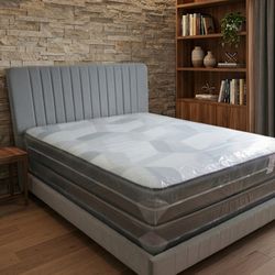 Brand new queen bed frame + queen mattress + box spring + delivery