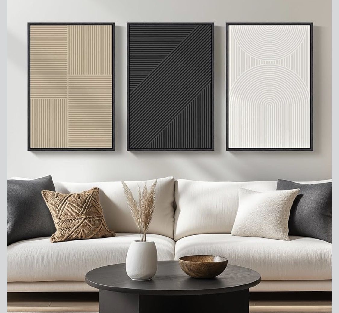 **Brand New** Set of 3 Printed Canvas Framed Boho Black and White Abstract Wall Art.