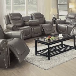 Grey Leather Fully Reclining Three Piece Couch Set 