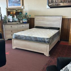 Queen Bed Frame, Dresser And Mirror